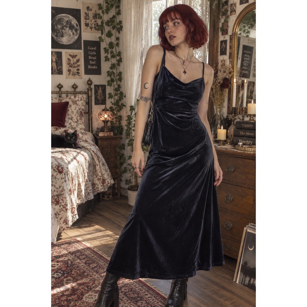 Black Velvet Slip Dress M Whimsigoth 90s Y2K Fairy Grunge Empire Waist Maxi